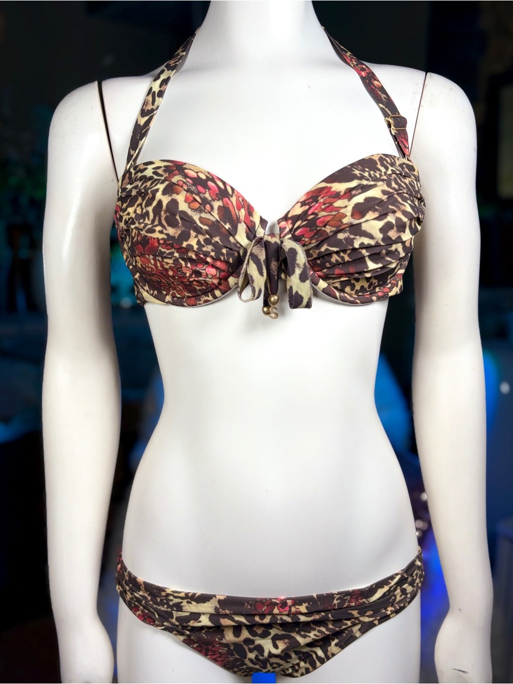 Shan Red & Tan Leopard Print 2-pc Underwire Bikini Swim Top & Bottom, Sz 8 C-cup